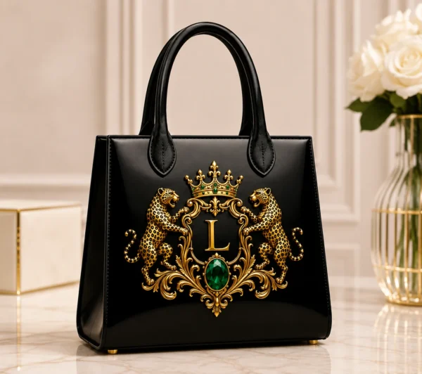 Black handbag with a decorative emblem