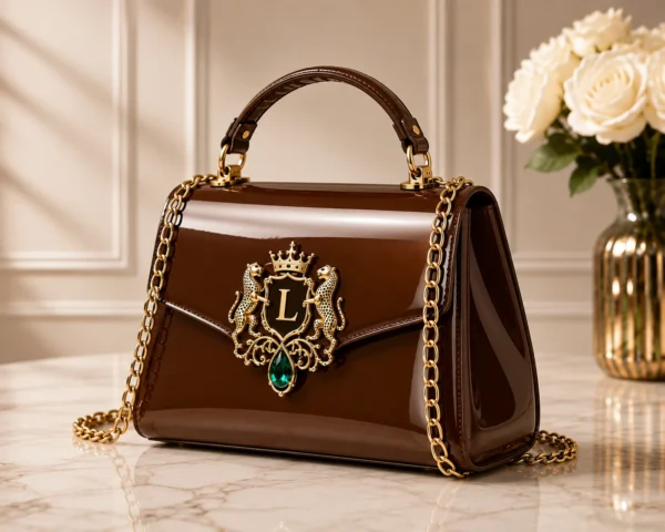 Brown handbag with a decorative emblem