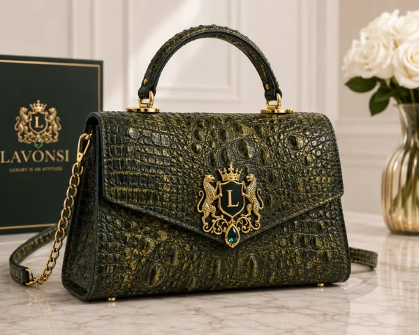 Green handbag with a decorative emblem
