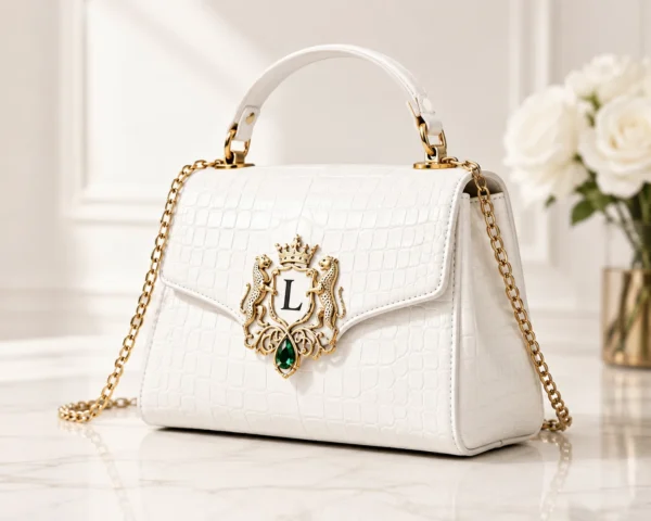 White handbag with a decorative emblem